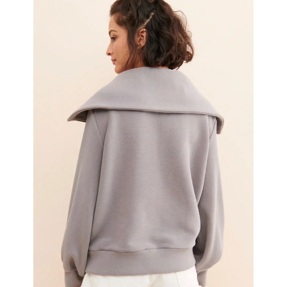 Varley Vine Half Zip Pullover Large Taupe Ribbed Funnel Neck Quiet Luxury